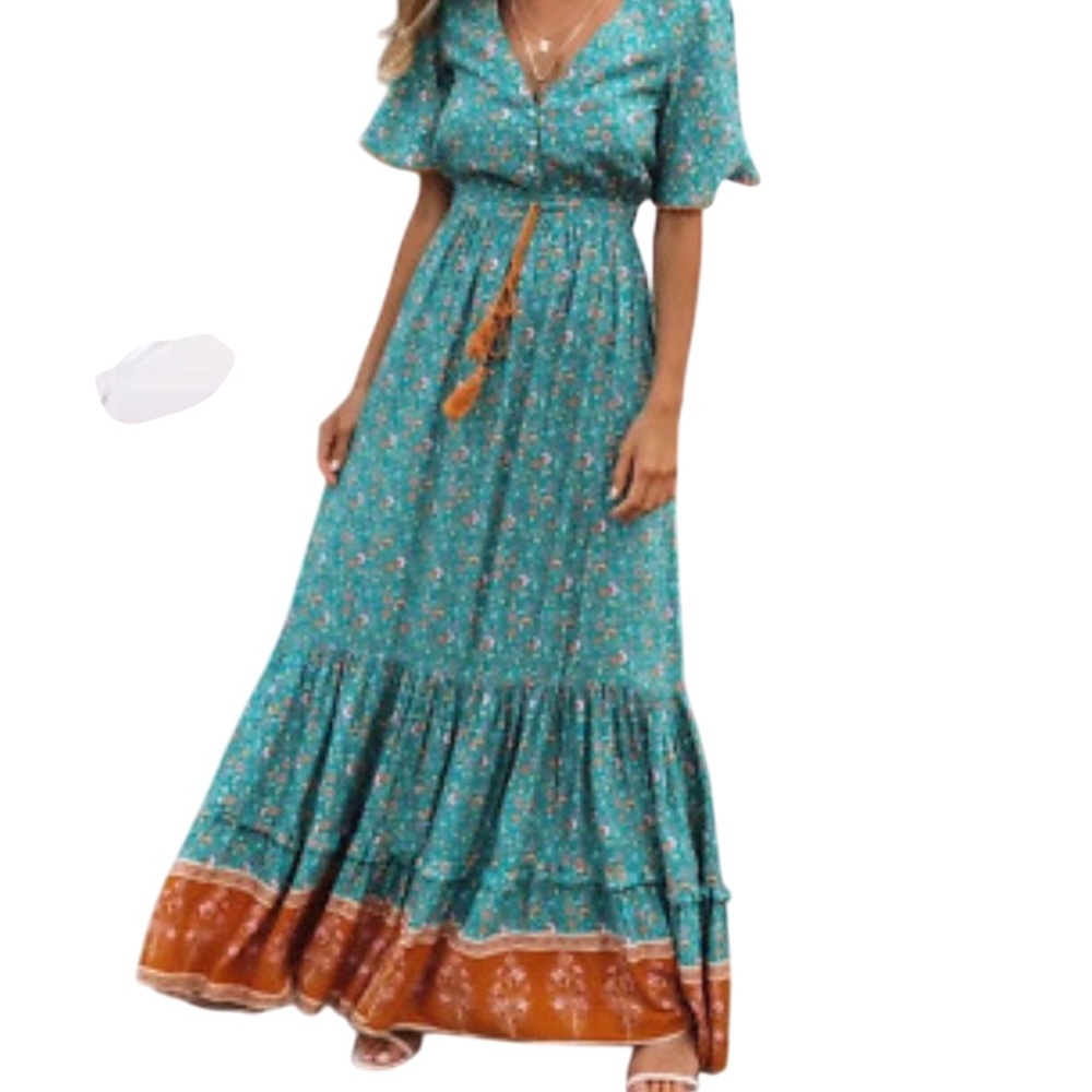 R. VIVIMOS BOHEMIAN FLORAL PRINT MAXI DRESS WOMEN’S SMALL BEACHY CASUAL RUFFLES - Picture 1 of 7